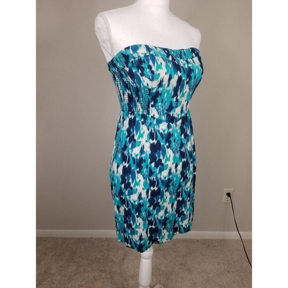 Free People Strapless Blue & Teal Abstract Print Mini Dress With Smocked Back - Picture 3 of 11
